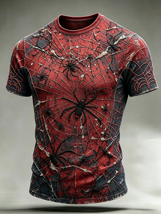 Camiseta casual de manga corta para hombre, con estampado de patrón de araña en colores rojo y azul combinados