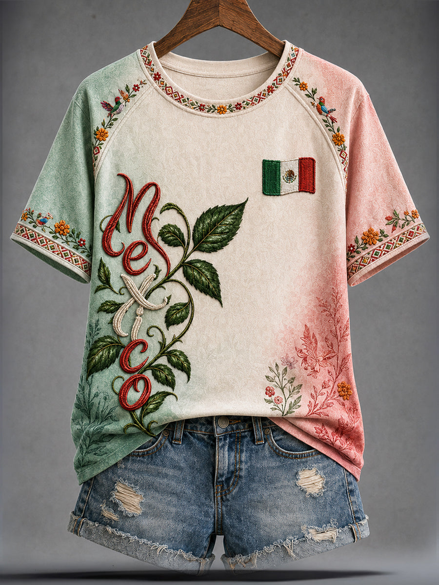 Camiseta estampada con diseño artístico del Día de la Independencia de México para mujer