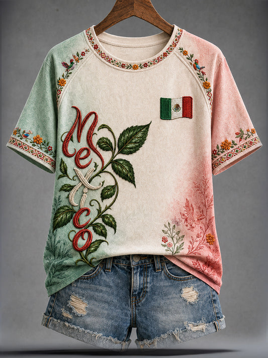Camiseta estampada con diseño artístico del Día de la Independencia de México para mujer