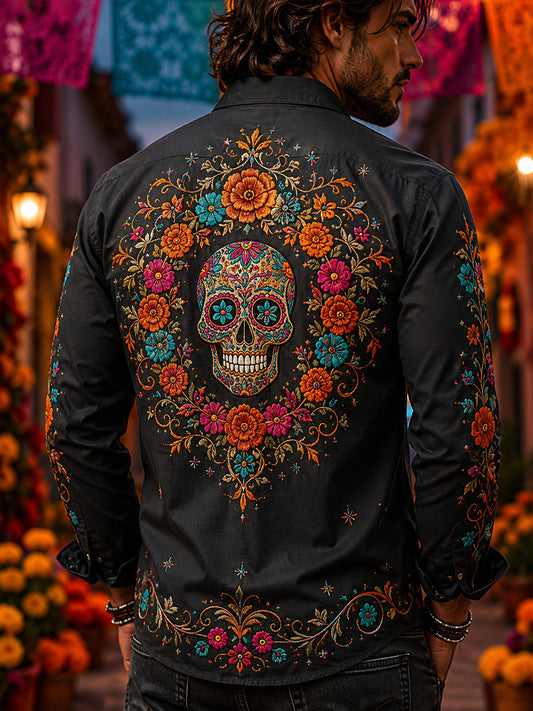Camisa de manga larga con estampado artístico temático del día de los muertos de los hombres mexicanos