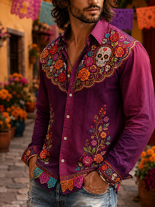 Camisa de manga larga con estampado artístico para hombres, temática del Día de los Muertos mexicano