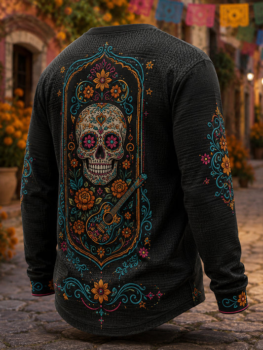 Camiseta de manga larga con estampado artístico para hombres, temática del Día de los Muertos mexicano
