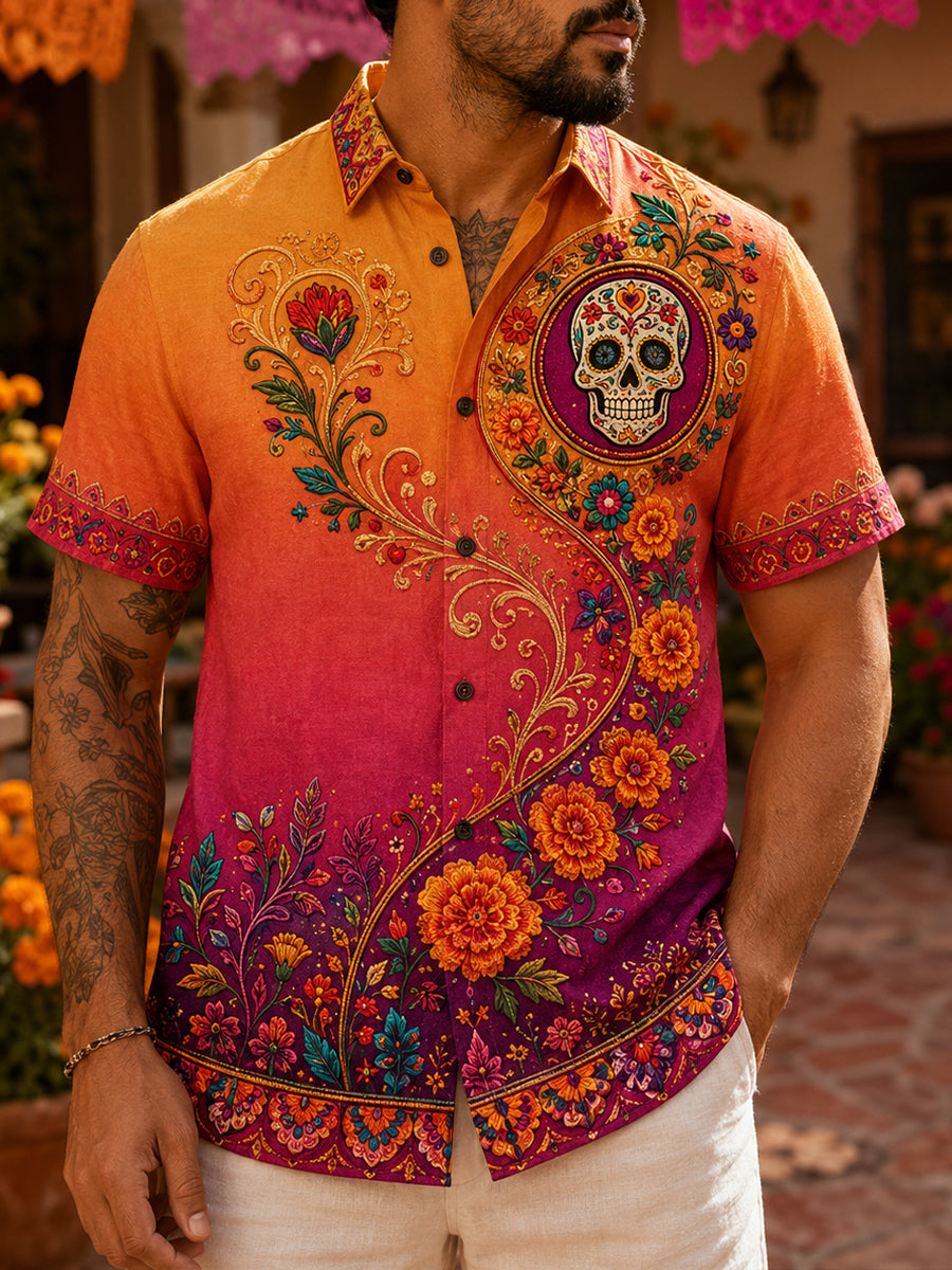 Camisa de manga corta con estampado artístico para hombres, temática del Día de los Muertos mexicano
