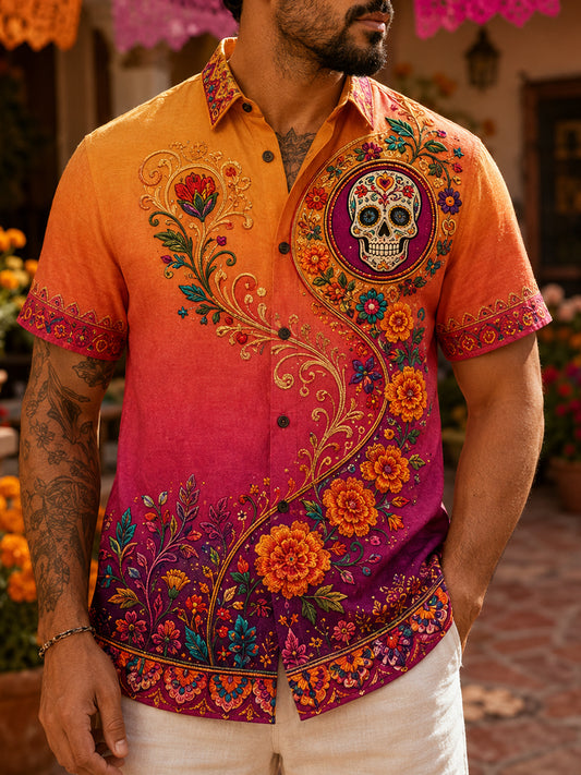 Camisa de manga corta con estampado artístico para hombres, temática del Día de los Muertos mexicano