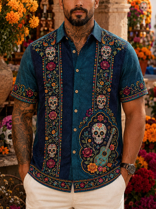 Camisa de manga corta con estampado artístico para hombres, temática del Día de los Muertos mexicano