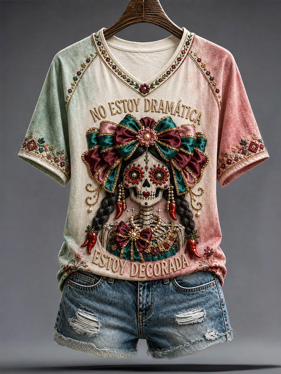 Camiseta estampada con diseño artístico del Día de la Independencia de México para mujer