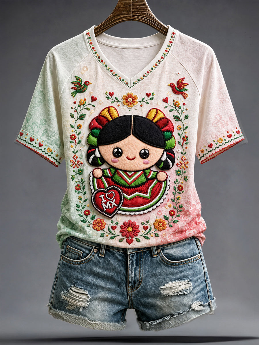 Camiseta de manga corta con cuello en V para mujer