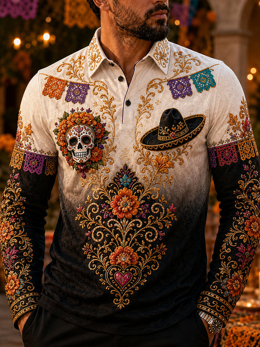 Camisa de manga larga para hombre con diseño del Día de los Muertos de México