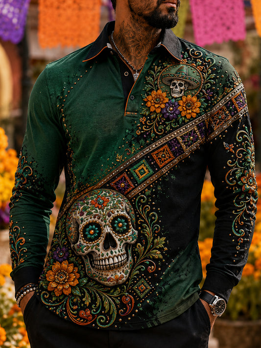 Camisa de manga larga para hombre con diseño del Día de los Muertos de México