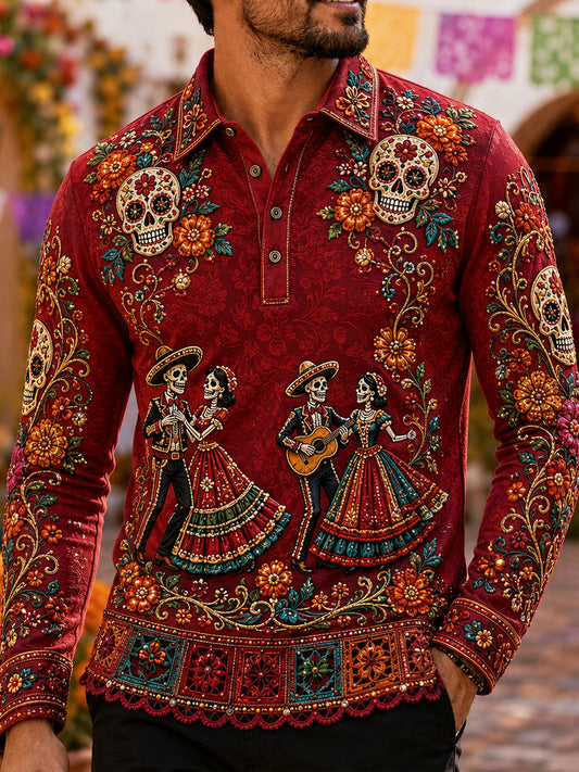 Camisa de manga larga para hombre con diseño del Día de los Muertos de México