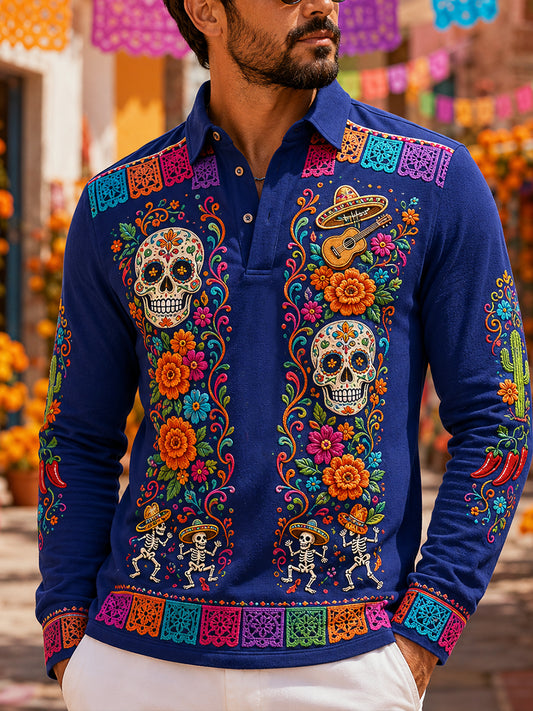 Camisa de manga larga para hombre con diseño del Día de los Muertos de México