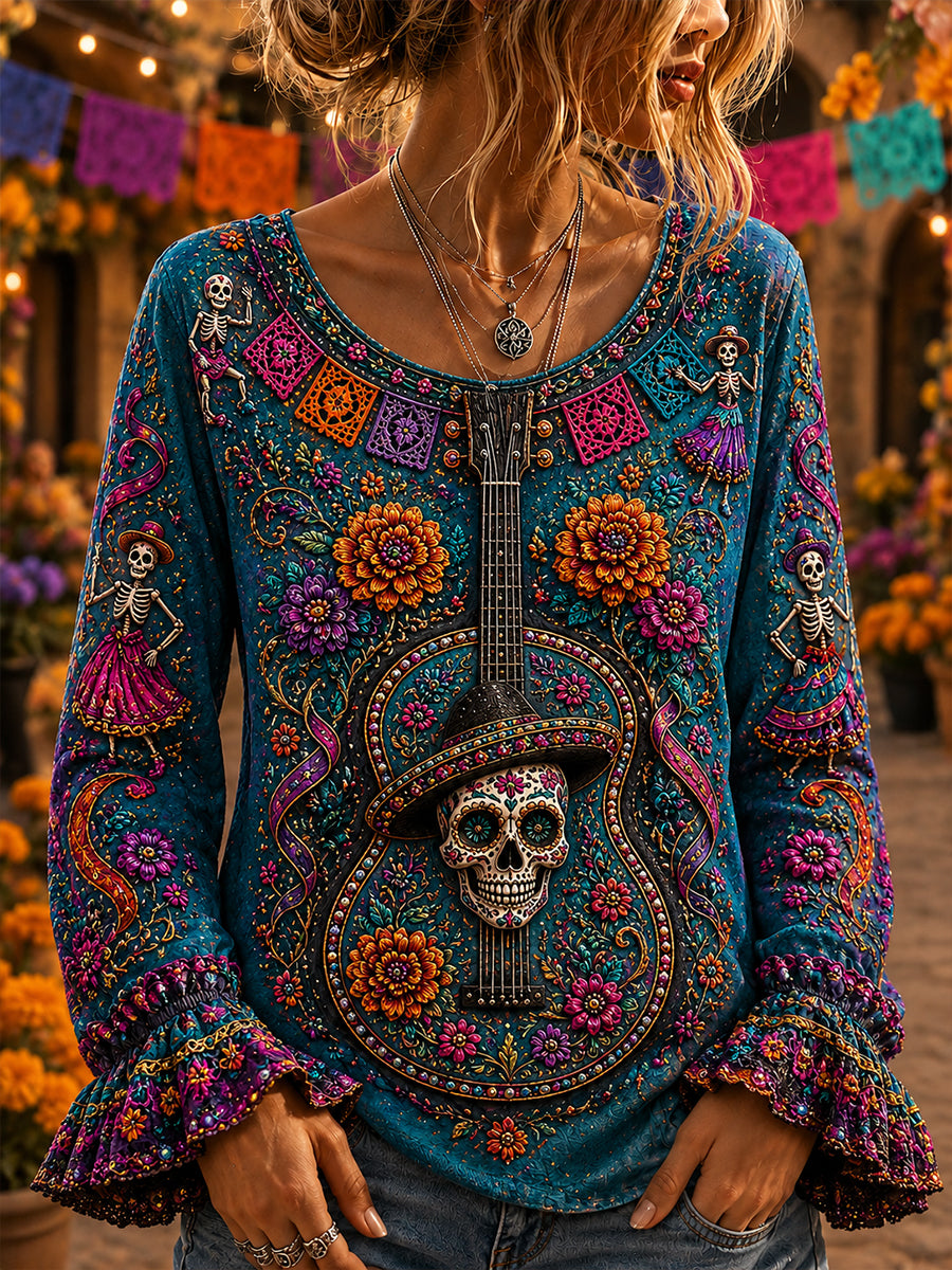 Camisa de algodón y lino para el Día de los Muertos de México, de mujer