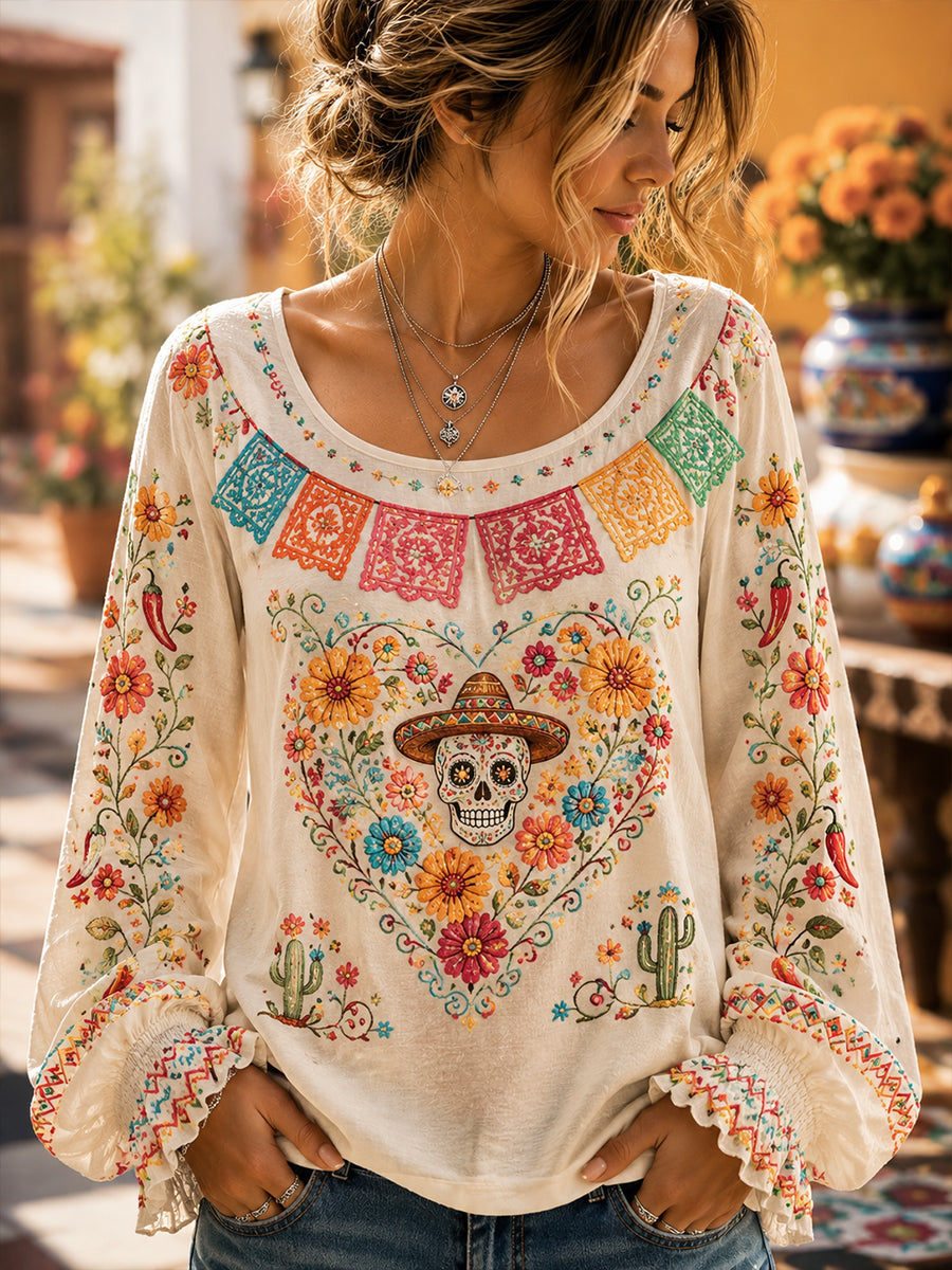 Camisa de algodón y lino para el Día de los Muertos de México, de mujer