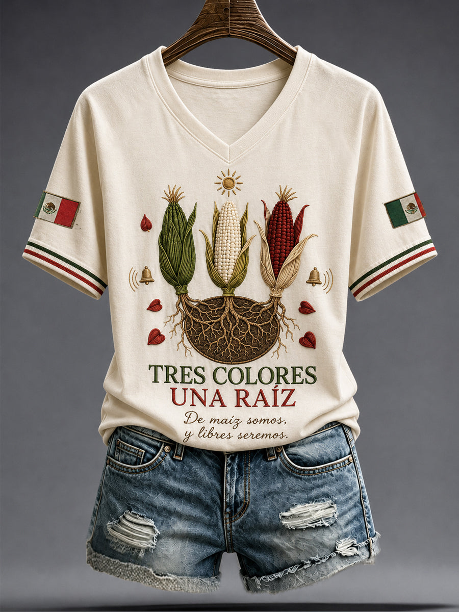 Camiseta estampada con diseño artístico del Día de la Independencia de México de 1810 para mujer