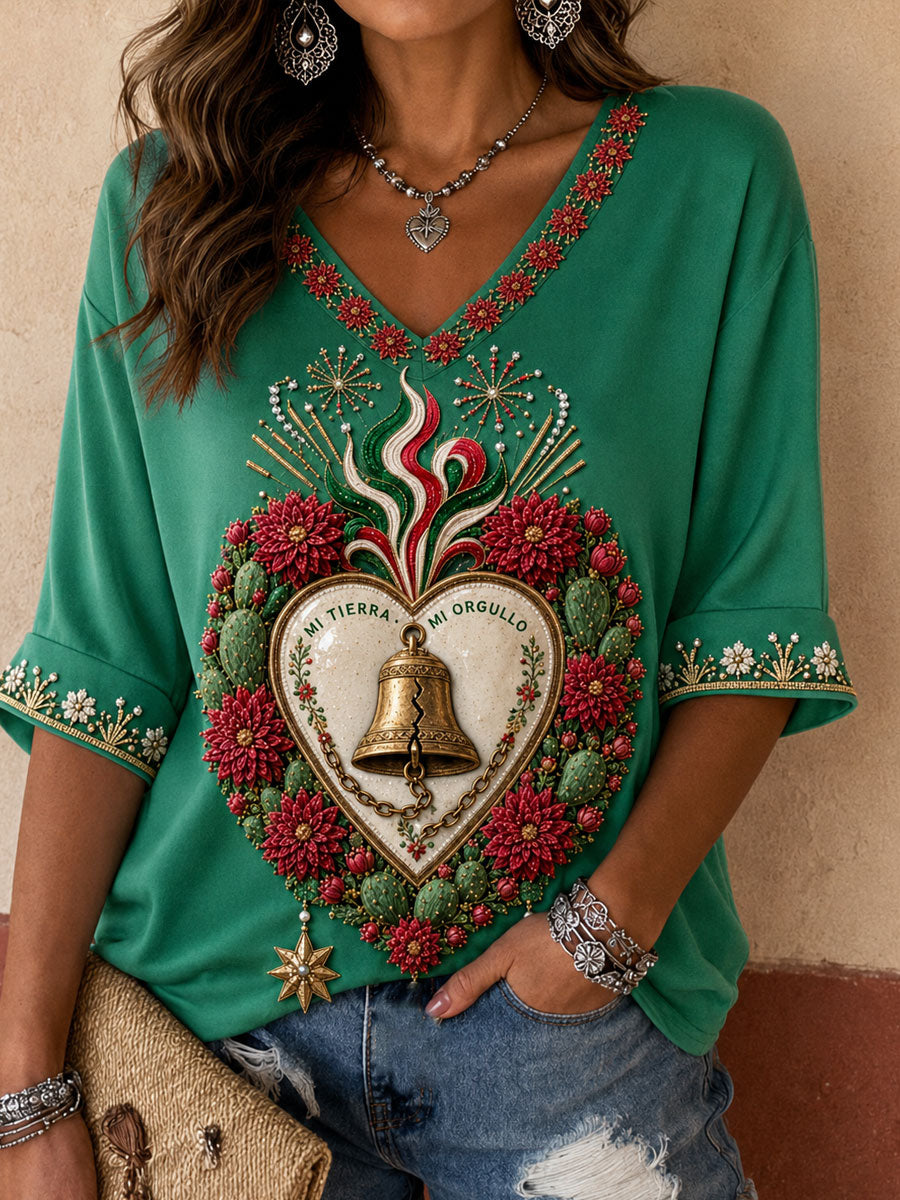 Camiseta estampada con diseño artístico del Día de la Independencia de México de 1810 para mujer