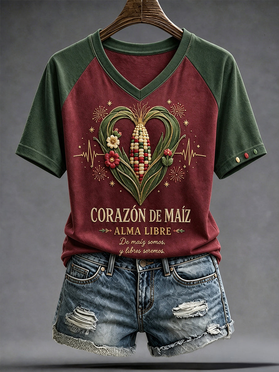 Camiseta estampada con diseño artístico del Día de la Independencia de México de 1810 para mujer
