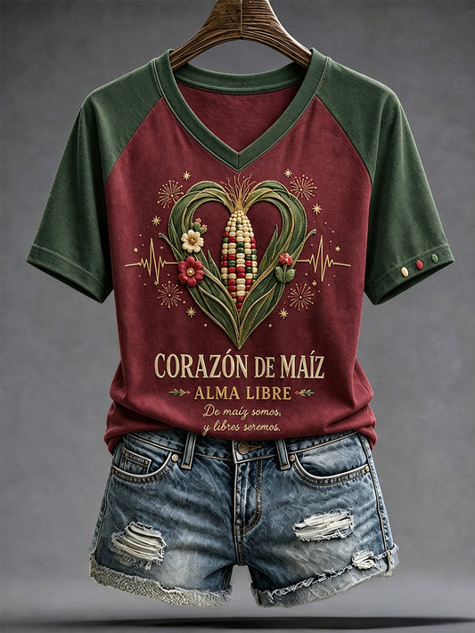 Camiseta estampada con diseño artístico del Día de la Independencia de México de 1810 para mujer