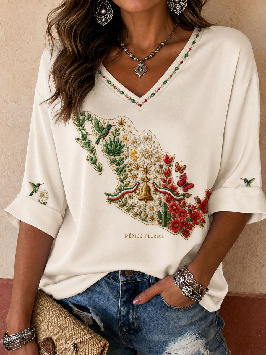 Camiseta estampada con diseño artístico del Día de la Independencia de México de 1810 para mujer