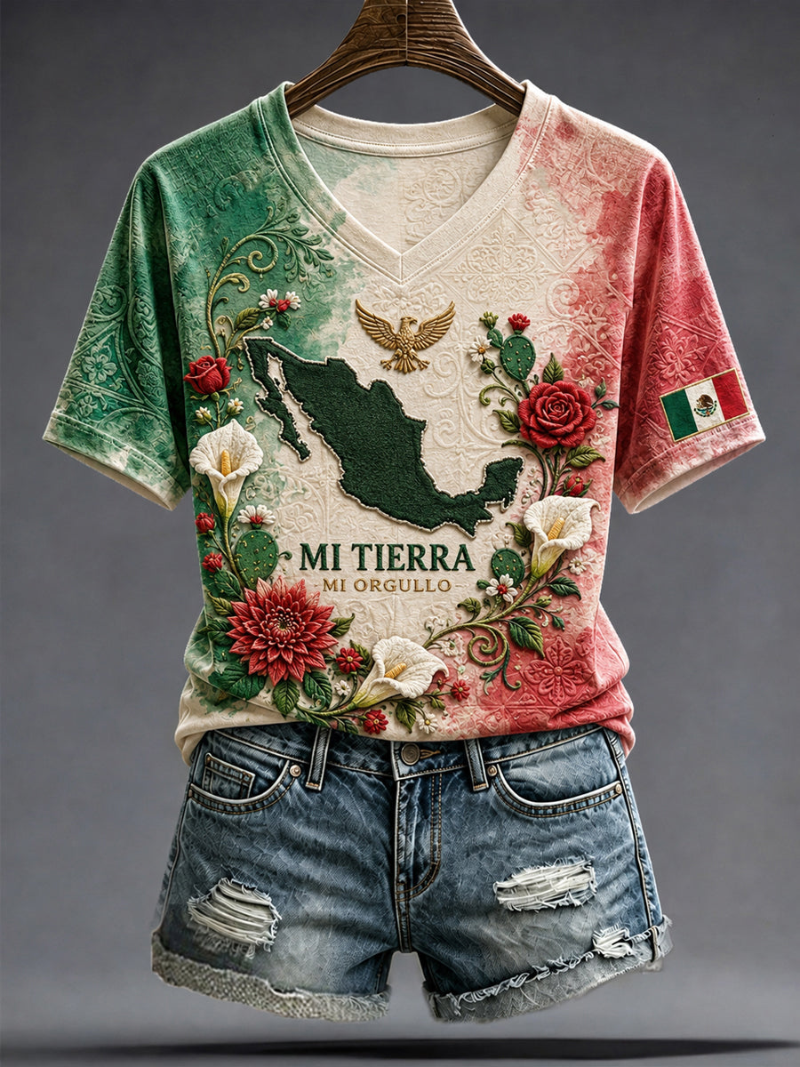 Camiseta estampada con diseño artístico del Día de la Independencia de México para mujer