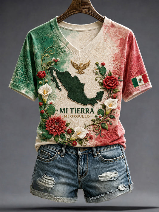 Camiseta estampada con diseño artístico del Día de la Independencia de México para mujer