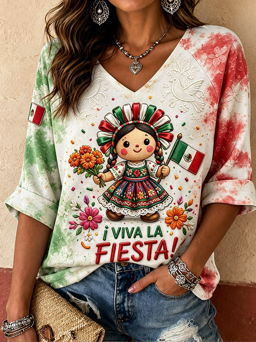 Camiseta estampada con diseño artístico del Día de la Independencia de México para mujer