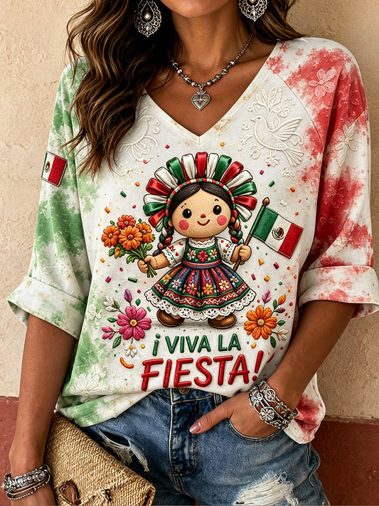 Camiseta estampada con diseño artístico del Día de la Independencia de México para mujer