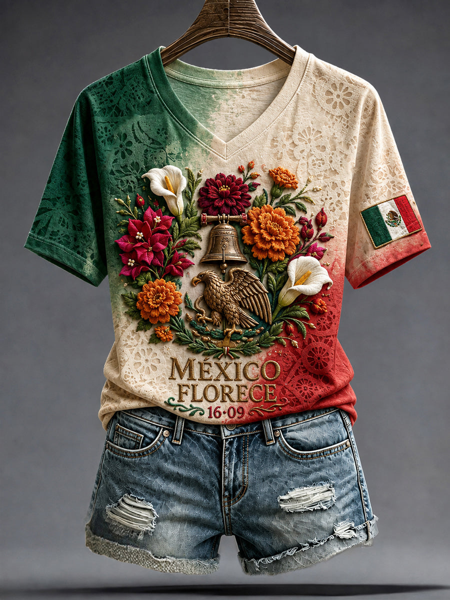 Camiseta estampada con diseño artístico del Día de la Independencia de México para mujer