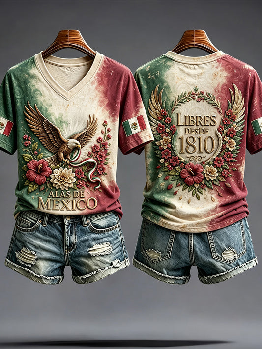 Camiseta estampada con diseño artístico del Día de la Independencia de México para mujer