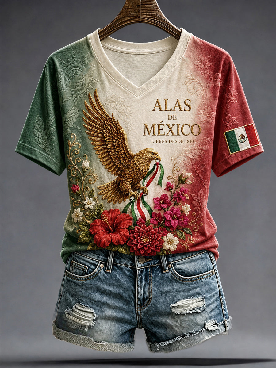 Camiseta estampada con diseño artístico del Día de la Independencia de México para mujer