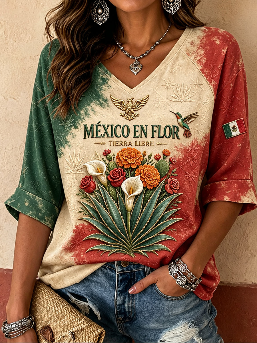 Camiseta estampada con diseño artístico del Día de la Independencia de México para mujer