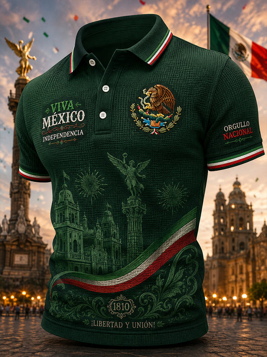 Polo de hombre de punto tipo gofre, de manga corta, con estampado temático del Día de la Independencia