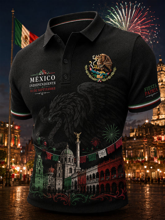Polo de hombre de punto tipo gofre, de manga corta, con estampado temático del Día de la Independencia