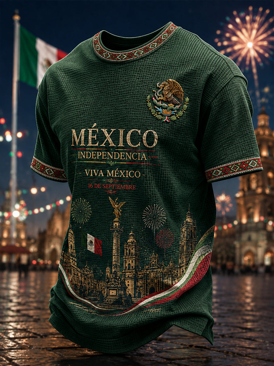 Camiseta de manga corta en punto gofrado con estampado conmemorativo del Día de la Independencia para hombre