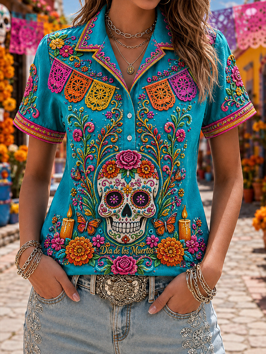 Camisa de manga corta para mujer con diseño mexicano del Día de los Muertos