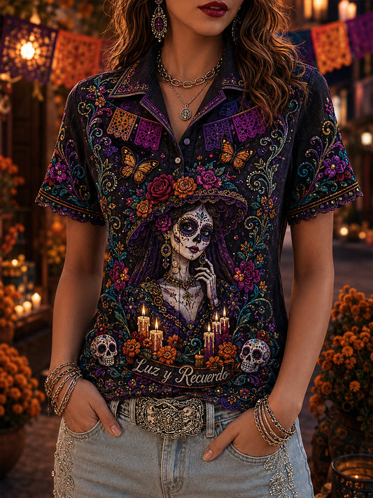 Camisa de manga corta para mujer con diseño mexicano del Día de los Muertos
