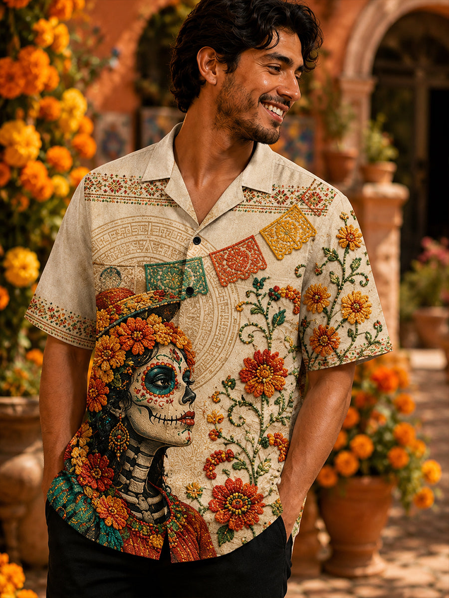 Camisa de cuello cubano para hombre, diseño mexicano del Día de los Muertos, con mangas cortas