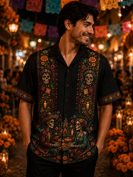Camisa de cuello cubano para hombre, diseño mexicano del Día de los Muertos, con mangas cortas