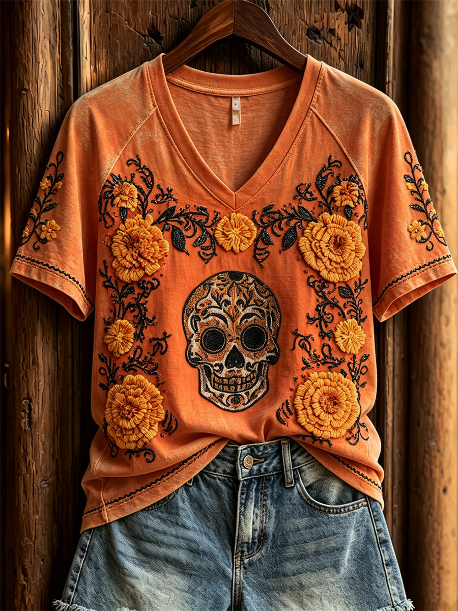 Camiseta de manga corta con estampado floral mexicano Caléndulas de azúcar del día de los muertos para mujer