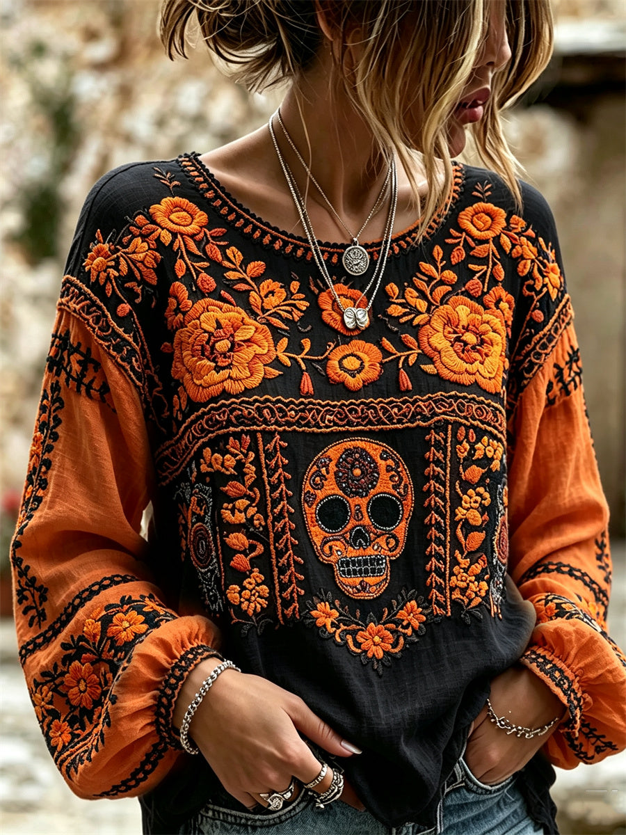 Día de las mujeres de los muertos calavera de azúcar caléndulas mexicano estampado floral algodón-camisa de lino