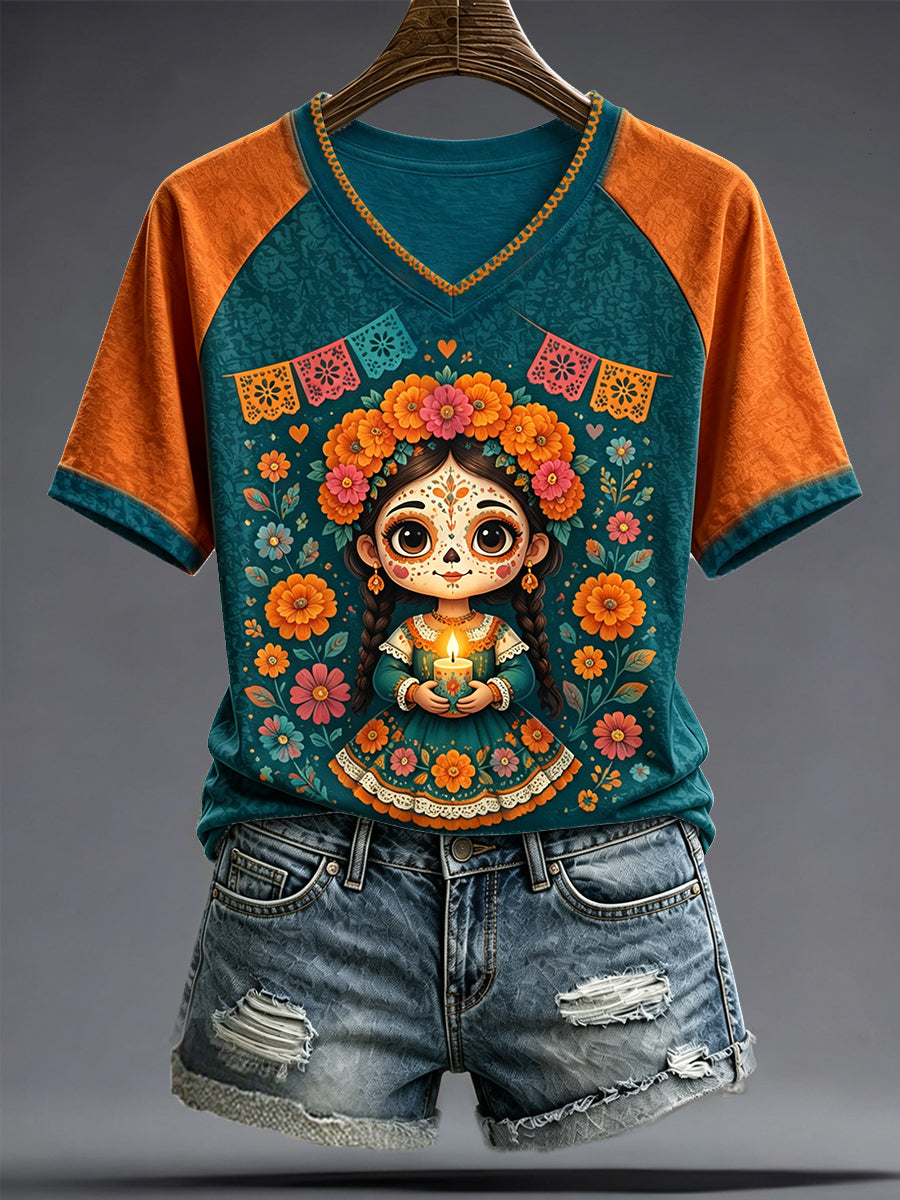 Camiseta estampada con arte del Día de los Muertos mexicano para mujer