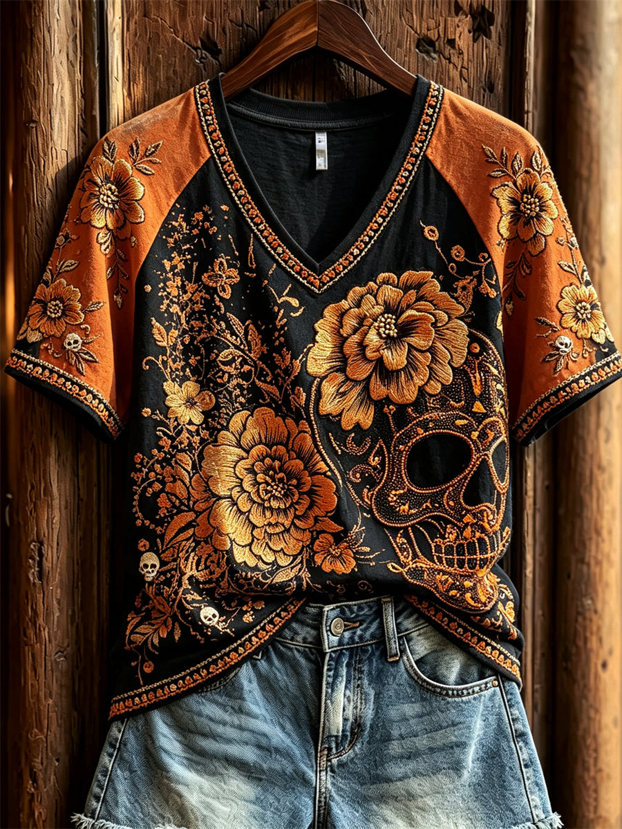 Camiseta de manga corta con estampado floral mexicano de calaveras de azúcar y flor de muerto, para el Día de la Mujer