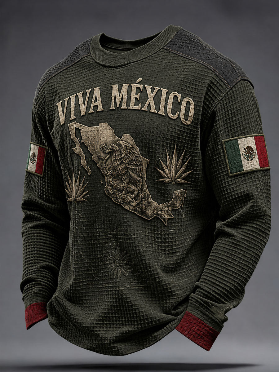 Sudadera de waffle con estampado artístico del Día de la Independencia de México para hombre