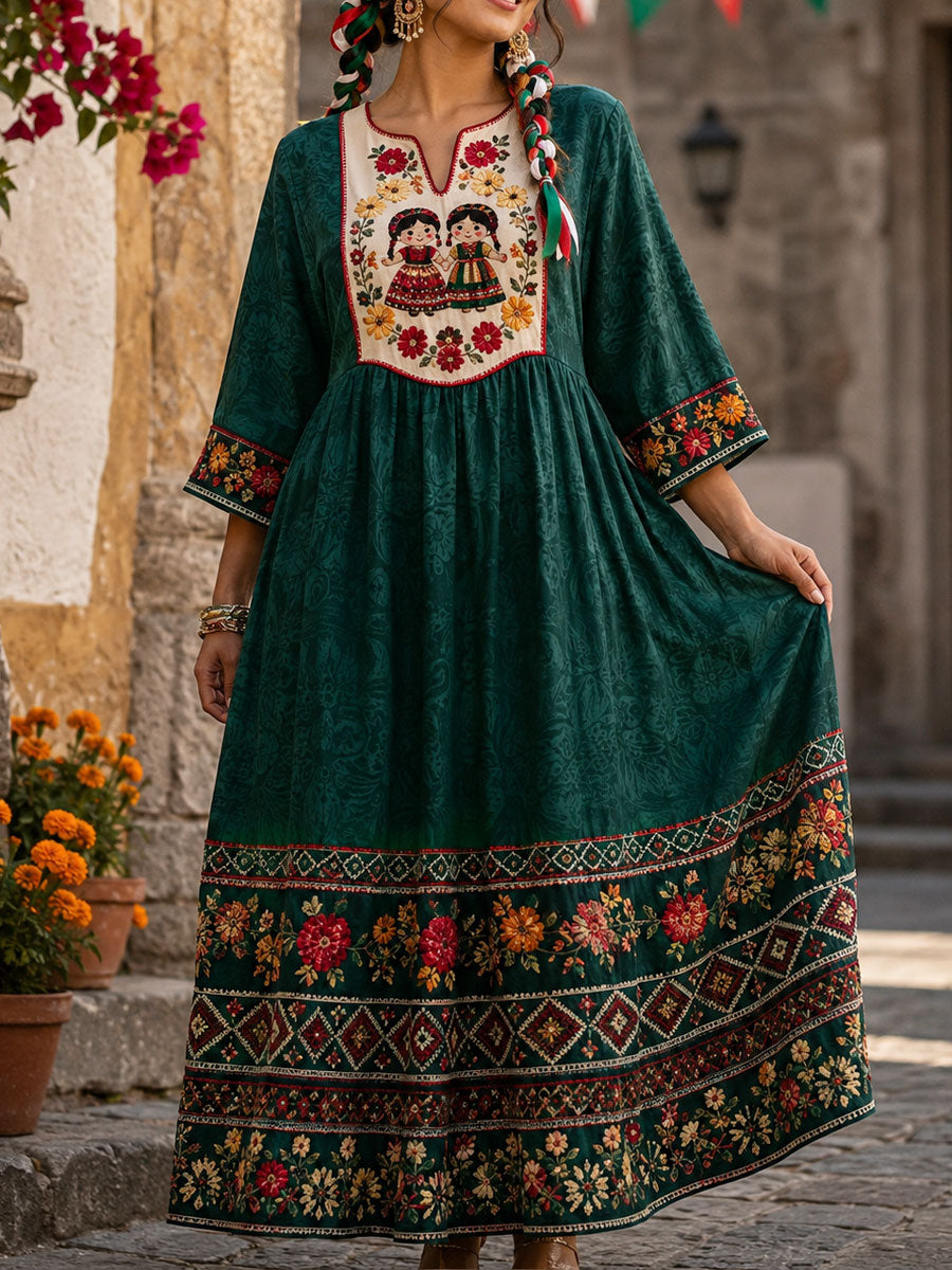 Mujeres México Lele muñeca floral arte impreso vestido de lino