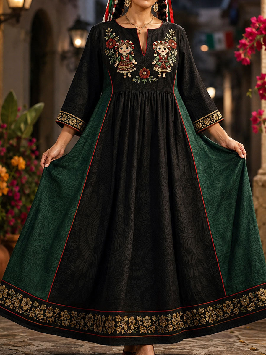 Vestido de lino estampado con diseño floral de muñeca Lele mexicana para mujer