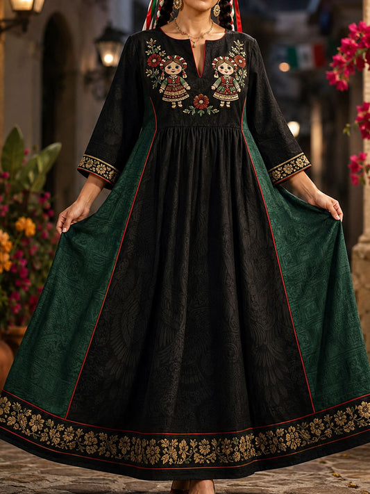 Vestido de lino estampado con diseño floral de muñeca Lele mexicana para mujer