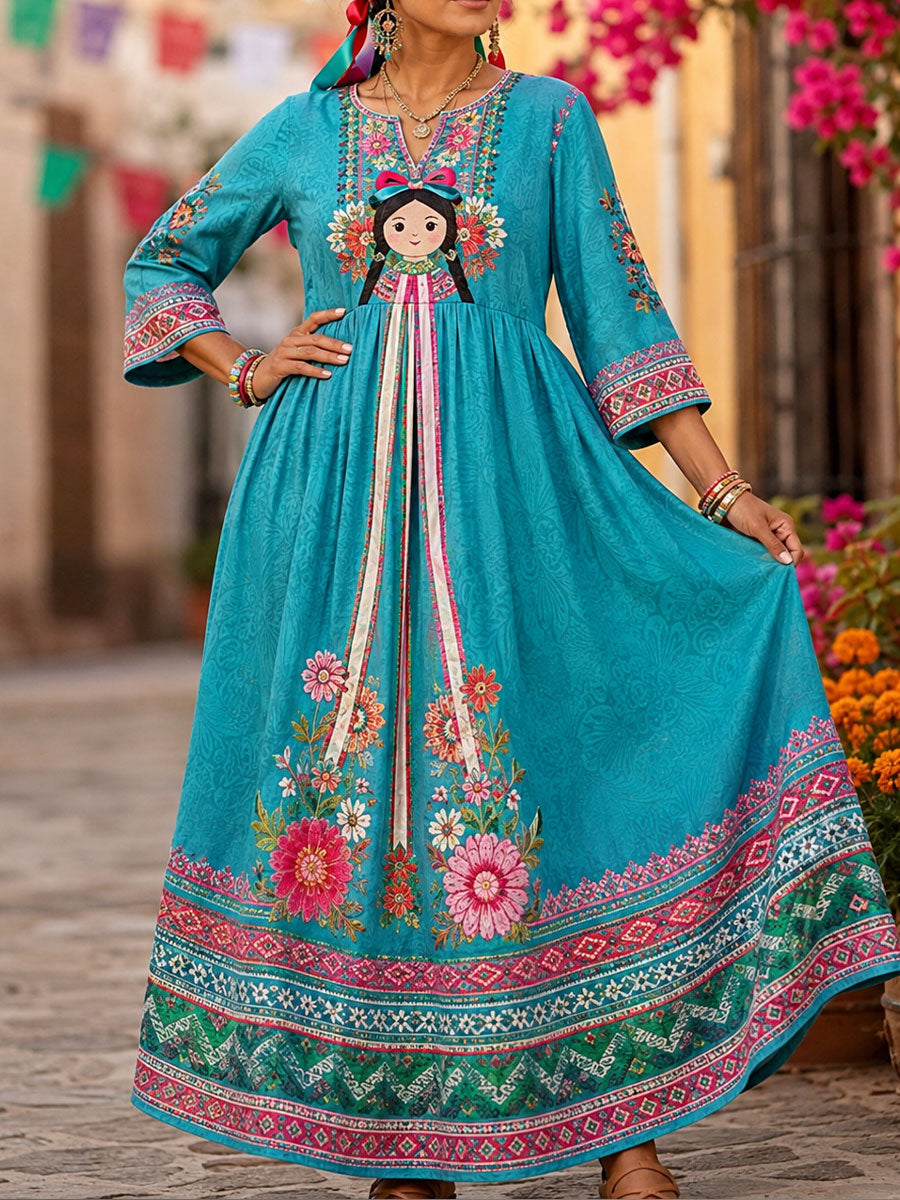 Vestido de lino estampado con diseño floral de muñeca Lele mexicana para mujer