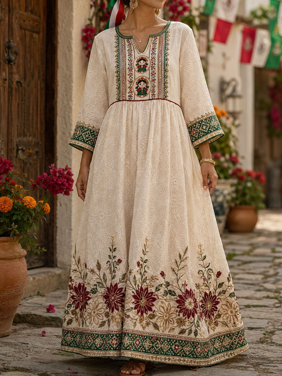 Vestido de lino estampado con diseño floral de muñeca Lele mexicana para mujer