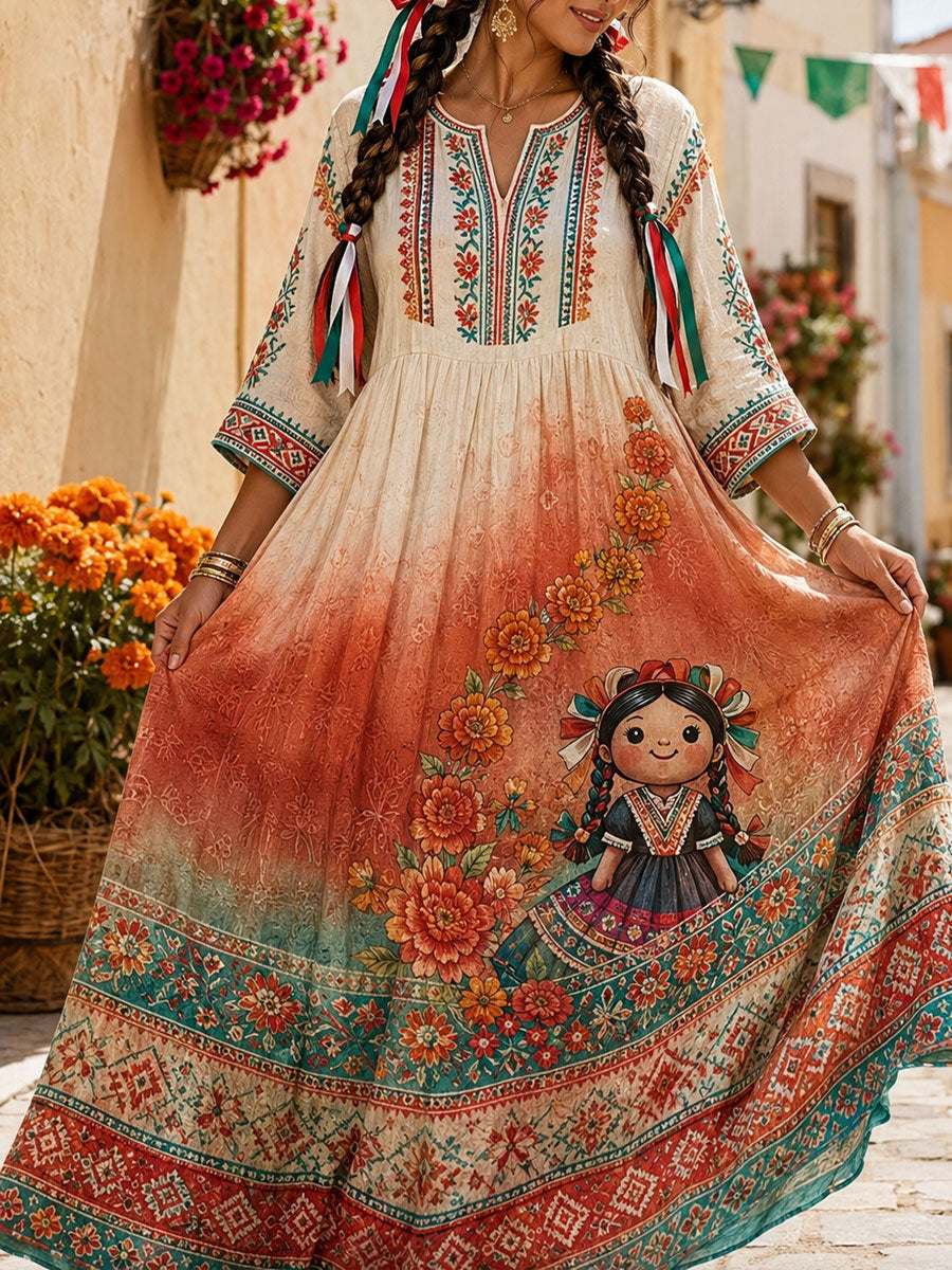Vestido de lino estampado con diseño floral de muñeca Lele mexicana para mujer