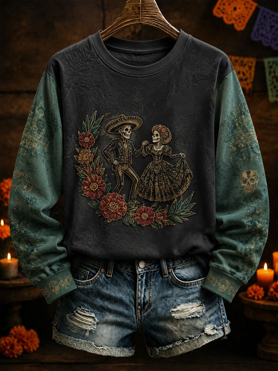 Sudadera estampada con arte del Día de los Muertos mexicano para mujer