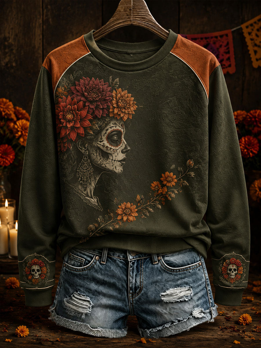 Sudadera estampada con arte del Día de los Muertos mexicano para mujer